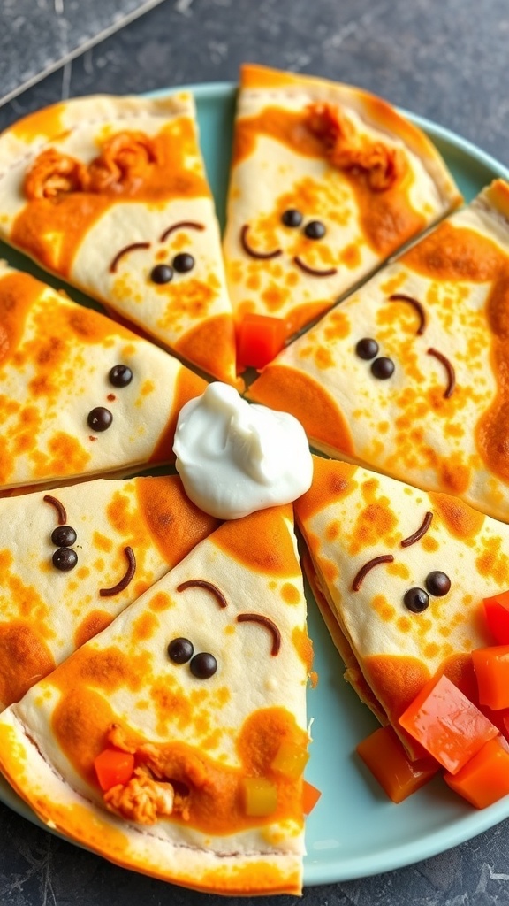 Colorful cartoon quesadillas filled with cheese and vegetables, served with sour cream and salsa.